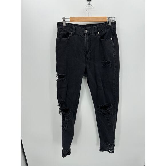 American Eagle Mom Jean Women 8 XLong Black Distressed High Waisted Rip Denim - Picture 1 of 8